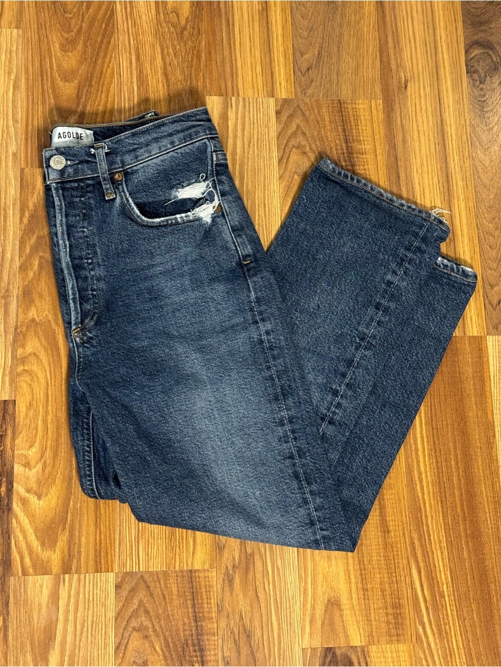 Agolde Women’s Straight Cropped Jeans with Pocket Distress, 23” Inseam, Size 25